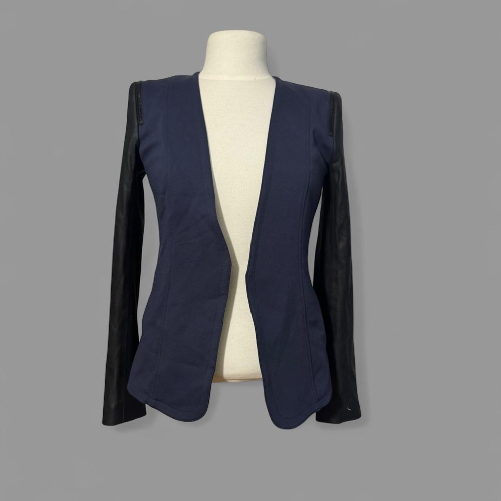 Theory blue blazer with leather sleeves